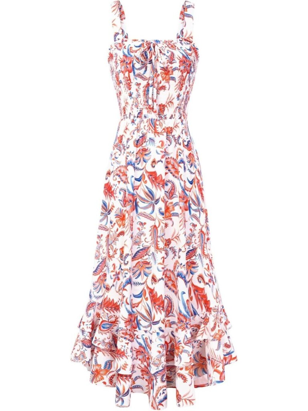 Women's Orange Blue Square Neck Strapped A LINE Floral Boho Long Maxi Dress